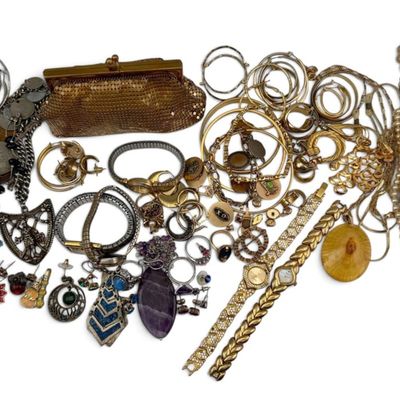 Large Grouping of Costume Jewelry Including Sterling Silver Earrings, Chain, & Ring, Vintage Whiting