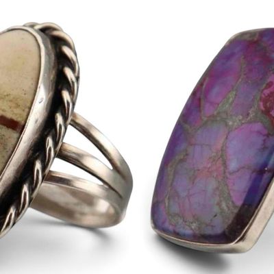 Two Sterling Silver Rings of Mojave Turquoise & Handmade River, Jasper Agate