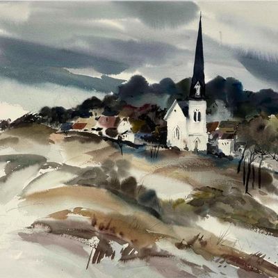 Harold Gretzner (American, 1902-1977), Church Landscape, Watercolor on Paper