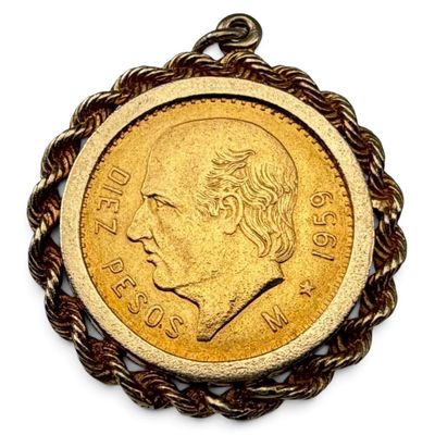 Diez Pesos 1959 Gold Coin, Set in 14k Bezel Charm or Pendant
