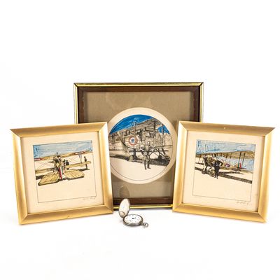 Sale Photo Thumbnail #96: WWI Vesta Aviation Pocket Watch & Art Lot