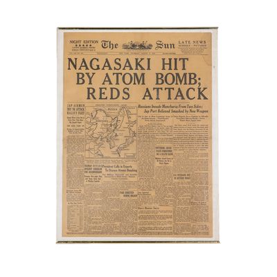 Sale Photo Thumbnail #229: Framed Front Page NYSun 09Aug1945 Bombing Nagasaki