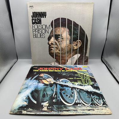 Johnny Cash (2 LP Lot): Folsom Prison Blues (unknown press date), cover shows wear; and The Rough Cut King Of Country Music (1970), Sun...