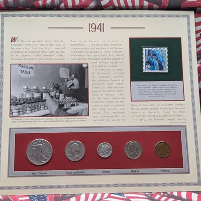 Sale Photo Thumbnail #422: 1941 Year U.S. Coin Set in Info Display w/ Commem Stamp - Includes (3) 90% Silver Coins
