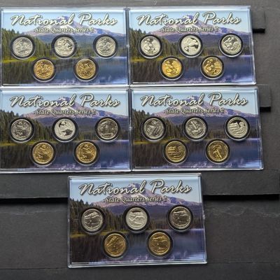 Sale Photo Thumbnail #376: Gold (LAYERED), UNC, PROOF, P&D&S Mint 2017 ATB National Park Quarters 5-Coin Sets in Protective Plastic Case (5 Different Parks = 25 Coins Total)