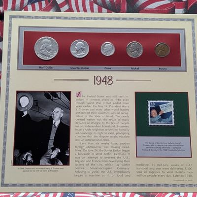 Sale Photo Thumbnail #430: 1948 Year U.S. Coin Set in Info Display w/ Commem Stamp - Includes (3) 90% Silver Coins
