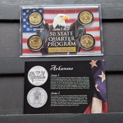 Sale Photo Thumbnail #109: Gold (LAYERED) P&D Mint 2003 Arkansas Statehood & 2010 Hot Springs ATB Park Quarter 4-Coin Collection in Protective Plastic Case w/ COA