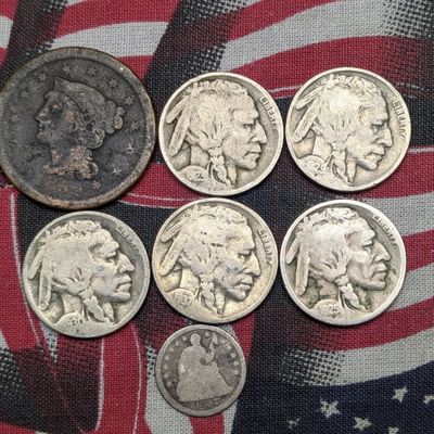 Sale Photo Thumbnail #228: 1852 Braided Hair Large Cent, 1857 Seated Liberty Half Dime, & 1923, 1925, 1929, 1930, 1937 Indian Head Buffalo Nickels