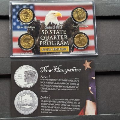 Sale Photo Thumbnail #200: Gold (LAYERED) P&D Mint 2000 New Hampshire Statehood & 2013 White Mountain ATB Park Quarter 4-Coin Collection in Protective Plastic Case w/ COA