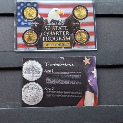Sale Photo Thumbnail #113: Gold (LAYERED) P&D Mint 1999 Connecticut Statehood & 2020 Weir Farm ATB Park Quarter 4-Coin Collection in Protective Plastic Case w/ COA