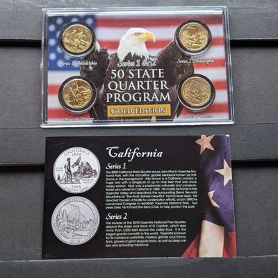 Sale Photo Thumbnail #129: Gold (LAYERED) P&D Mint 2005 California Statehood & 2010 Yosemite ATB Park Quarter 4-Coin Collection in Protective Plastic Case w/ COA