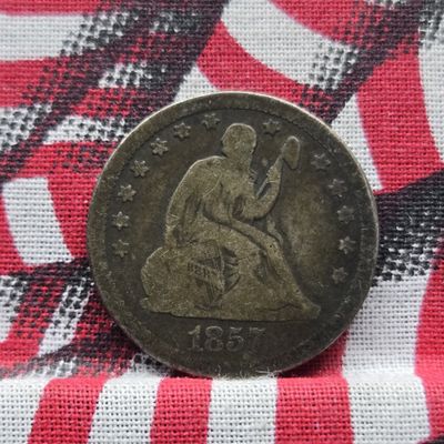 Sale Photo Thumbnail #238: 1857 w/ Drapery Seated Liberty 90% Silver Quarter - Good!
