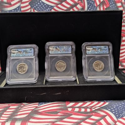 Sale Photo Thumbnail #296: 2005-P&D Jefferson Bison Nickels - Both ICG Cert. MS67 First Strike & 1935 Indian Head Buffalo Nickel - ICG Cert. Authentic in Display Box (3 Coins)