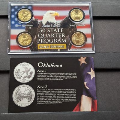 Sale Photo Thumbnail #182: Gold (LAYERED) P&D Mint 2008 Oklahoma Statehood & 2011 Chickasaw ATB Park Quarter 4-Coin Collection in Protective Plastic Case w/ COA