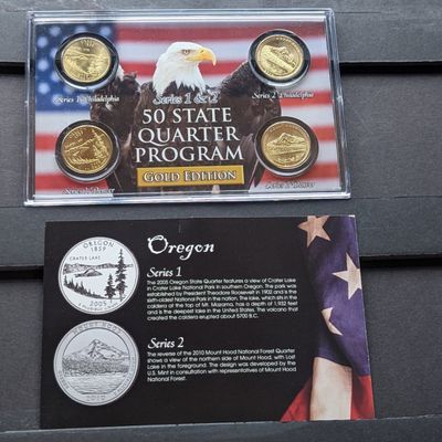 Sale Photo Thumbnail #178: Gold (LAYERED) P&D Mint 2005 Oregon Statehood & 2010 Mount Hood ATB Park Quarter 4-Coin Collection in Protective Plastic Case w/ COA