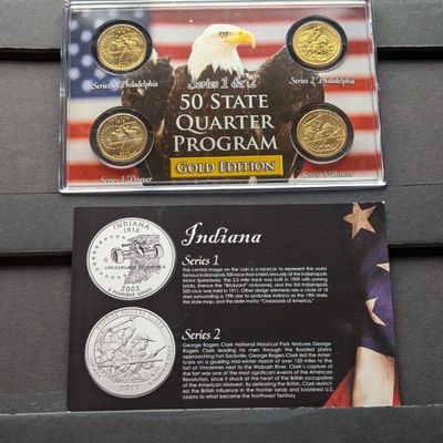 Sale Photo Thumbnail #119: Gold (LAYERED) P&D Mint 2002 Indiana Statehood & 2017 George Rogers Clark ATB Park Quarter 4-Coin Collection in Protective Plastic Case w/ COA