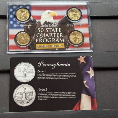 Sale Photo Thumbnail #176: Gold (LAYERED) P&D Mint 1999 Pennsylvania Statehood & 2011 Gettysburg ATB Park Quarter 4-Coin Collection in Protective Plastic Case w/ COA