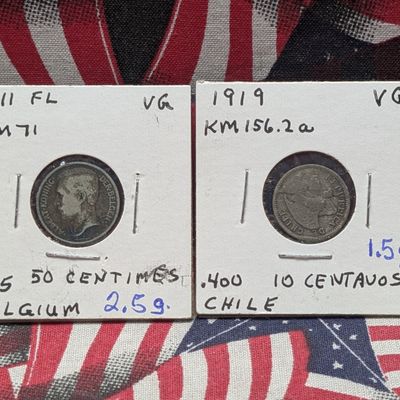 Sale Photo Thumbnail #112: 1911 Belgium 50 Centimes .835 Silver KM-71 and 1919-S Chile 10 Centavos .400 Silver