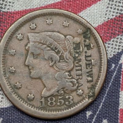 Sale Photo Thumbnail #138: 1853 US Braided Hair Large Cent with W.P. DeWitt Elmira N.Y. Counterstamp