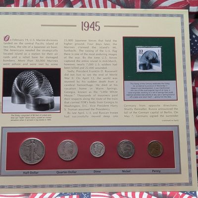 Sale Photo Thumbnail #426: 1945 Year U.S. Coin Set in Info Display w/ Commem Stamp - Includes (3) 90% Silver Coins & (1) 35% Silver Jefferson Nickel