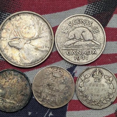 Sale Photo Thumbnail #6: (5) Canadian 1910-1955 Silver and Nickel Coins - 1955 Quarter 80% Silver, 1921 Dime 80% Silver, 1910 Dime 92.5% Silver, 1949 Dime 80% Silver, 1941 Nickel