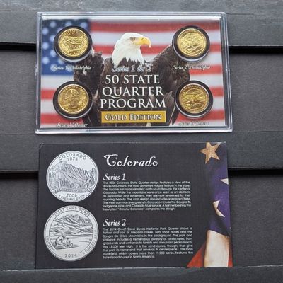 Sale Photo Thumbnail #133: Gold (LAYERED) P&D Mint 2006 Colorado Statehood & 2014 Great Sand Dunes ATB Park Quarter 4-Coin Collection in Protective Plastic Case w/ COA