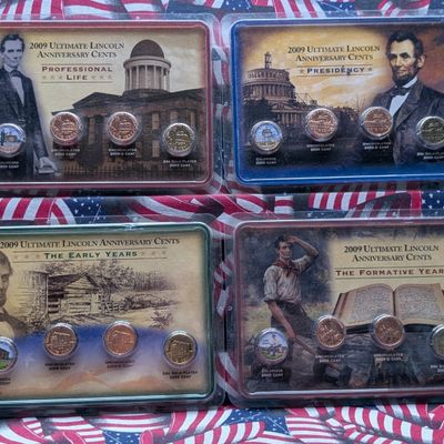 Sale Photo Thumbnail #227: 2009 Ultimate Lincoln Anniv. Cent 4-Coin Sets in Displays (4 Sets) - P&D UNC, Gold (LAYERED) & Colorized