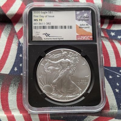 Sale Photo Thumbnail #243: 2020 American Silver Eagle 1 Troy Oz. .999 Silver - NGC MS70 First Day of Issue w/ John M. Mercanti Signature Case