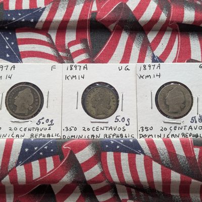 Sale Photo Thumbnail #136: (3) 1897-A Dominican Republic 20 Centavos, .350 Silver, KM# 14 - 5.0 Grams per coin