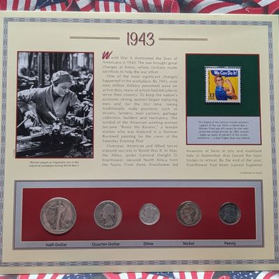 Sale Photo Thumbnail #424: 1943 Year U.S. Coin Set in Info Display w/ Commem Stamp - Includes (3) 90% Silver Coins & (1) 35% Silver Jefferson Nickel