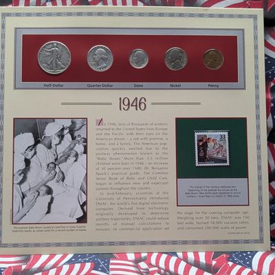 Sale Photo Thumbnail #427: 1946 Year U.S. Coin Set in Info Display w/ Commem Stamp - Includes (3) 90% Silver Coins