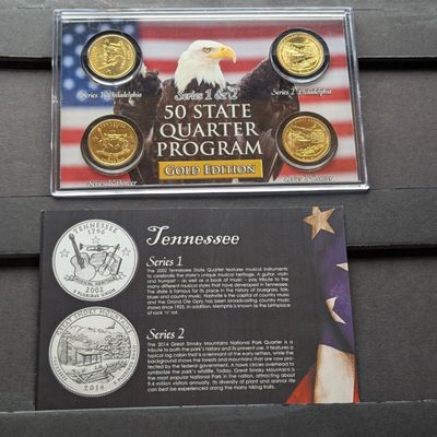Sale Photo Thumbnail #168: Gold (LAYERED) P&D Mint 2002 Tennessee Statehood & 2014 Great Smoky Mountains ATB Park Quarter 4-Coin Collection in Protective Plastic Case w/ COA
