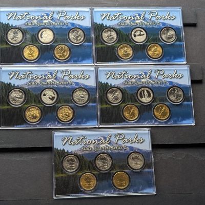 Sale Photo Thumbnail #370: Gold (LAYERED), UNC, PROOF, P&D&S Mint 2013 ATB National Park Quarters 5-Coin Sets in Protective Plastic Case (5 Different Parks = 25 Coins Total)