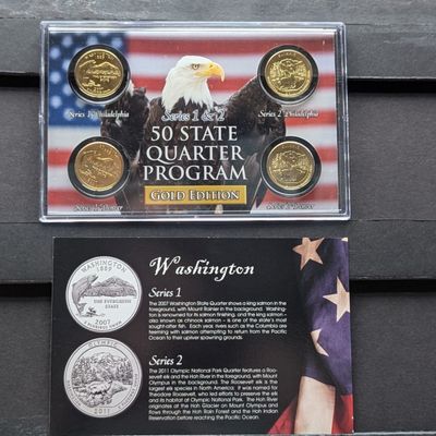 Sale Photo Thumbnail #207: Gold (LAYERED) P&D Mint 2007 Washington Statehood & 2011 Olympic ATB Park Quarter 4-Coin Collection in Protective Plastic Case w/ COA