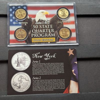 Sale Photo Thumbnail #192: Gold (LAYERED) P&D Mint 2001 New York Statehood & 2015 Saratoga ATB Park Quarter 4-Coin Collection in Protective Plastic Case w/ COA