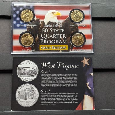 Sale Photo Thumbnail #205: Gold (LAYERED) P&D Mint 2005 West Virginia Statehood & 2016 Harpers Ferry ATB Park Quarter 4-Coin Collection in Protective Plastic Case w/ COA