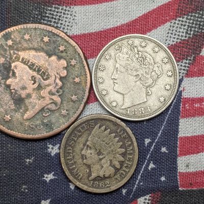 Sale Photo Thumbnail #326: 1835 U.S. Coronet Head Large Cent, 1883 V Nickel No Cents & 1862 Indian Head Cent