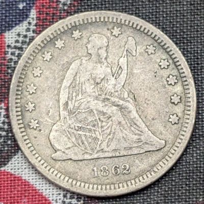 Sale Photo Thumbnail #254: FINE - 1862 w/ Drapery Seated Liberty 90% Silver Quarter