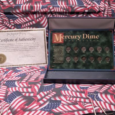 Sale Photo Thumbnail #121: 1934-1945 Mercury 90% Silver Dime Collection in Display Box w/ COA, Twelve Coins