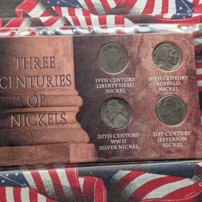 Sale Photo Thumbnail #288: 1893 Liberty Head V Nickel, 1936 Indian Head Buffalo Nickel, 1945-P 35% Silver Jefferson Nickel, & 2000-D Jefferson Nickel In Three Centuries of Nickels Collection Display