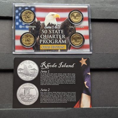 Sale Photo Thumbnail #202: Gold (LAYERED) P&D Mint 2001 Rhode Island Statehood & 2018 Block Island ATB Park Quarter 4-Coin Collection in Protective Plastic Case w/ COA