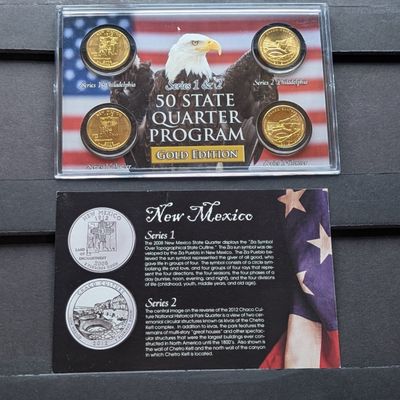 Sale Photo Thumbnail #194: Gold (LAYERED) P&D Mint 2008 New Mexico Statehood & 2012 Chaco Culture ATB Park Quarter 4-Coin Collection in Protective Plastic Case w/ COA