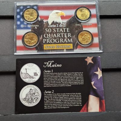 Sale Photo Thumbnail #157: Gold (LAYERED) P&D Mint 2003 Maine Statehood & 2012 Acadia ATB Park Quarter 4-Coin Collection in Protective Plastic Case w/ COA