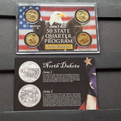 Sale Photo Thumbnail #188: Gold (LAYERED) P&D Mint 2006 North Dakota Statehood & 2016 Theodore Roosevelt ATB Park Quarter 4-Coin Collection in Protective Plastic Case w/ COA
