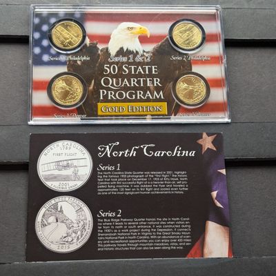Sale Photo Thumbnail #190: Gold (LAYERED) P&D Mint 2001 North Carolina Statehood & 2015 Blue Ridge Parkway ATB Park Quarter 4-Coin Collection in Protective Plastic Case w/ COA