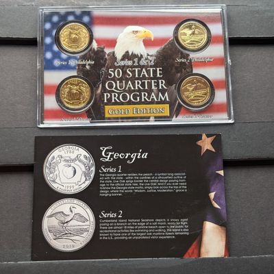 Sale Photo Thumbnail #117: Gold (LAYERED) P&D Mint 1999 Georgia Statehood & 2018 Cumberland Island ATB Park Quarter 4-Coin Collection in Protective Plastic Case w/ COA