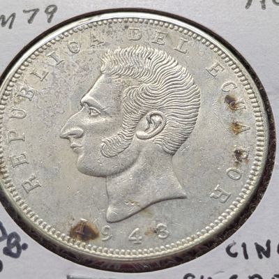 Sale Photo Thumbnail #140: 1943-Mo Ecuador Wartime Cinco Sucres, 0.720 Silver, KM-79