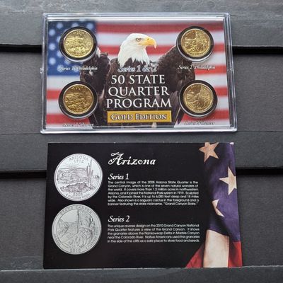 Sale Photo Thumbnail #101: Gold (LAYERED) P&D Mint 2008 Arizona Statehood & 2010 Grand Canyon ATB Park Quarter 4-Coin Collection in Protective Plastic Case w/ COA