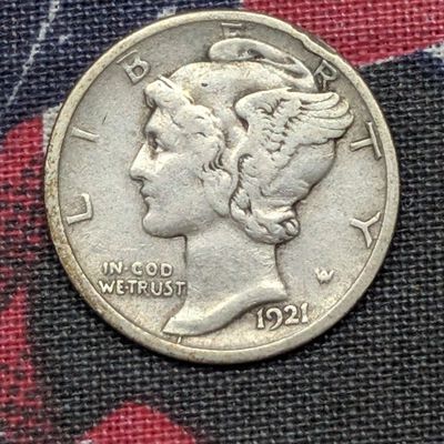Sale Photo Thumbnail #198: 1921-D Mercury 90% Silver Dime - VF - KEY DATE!