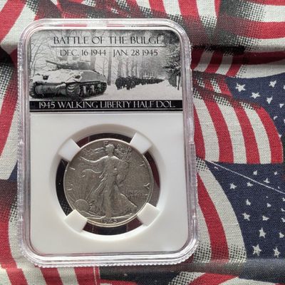 Sale Photo Thumbnail #31: 1945 Walking Liberty 90% Silver Half Dollar - Slabbed Genuine - Battle of The Bulge December 16th, 1944 to January 28th, 1945